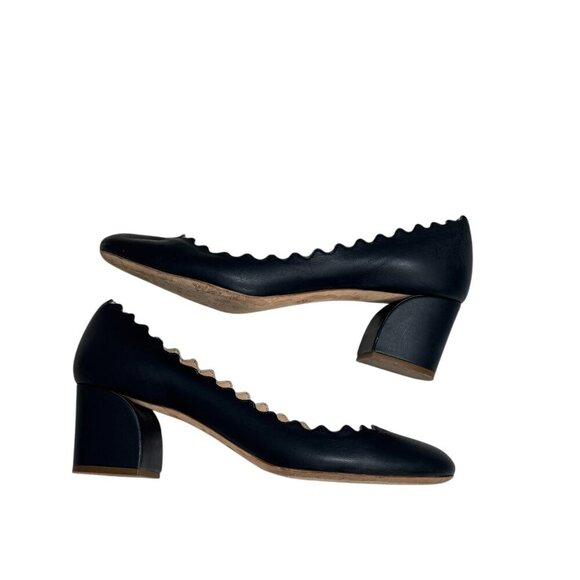 CHLOE Lauren Navy Leather Scalloped Pumps Low Heel size 37, 6.5 - Picture 3 of 8